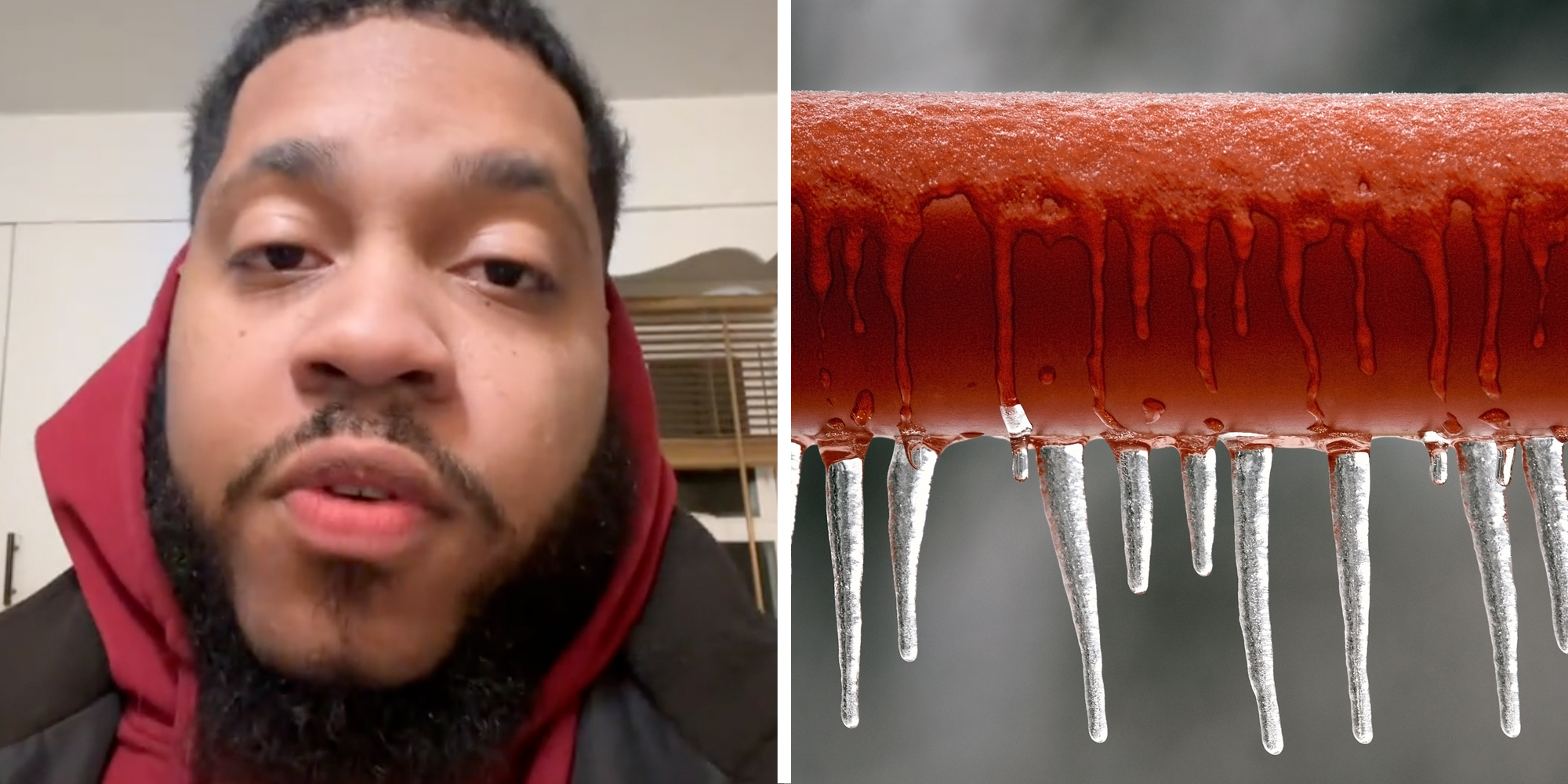 Man talking(l), Frozen pipes(c)