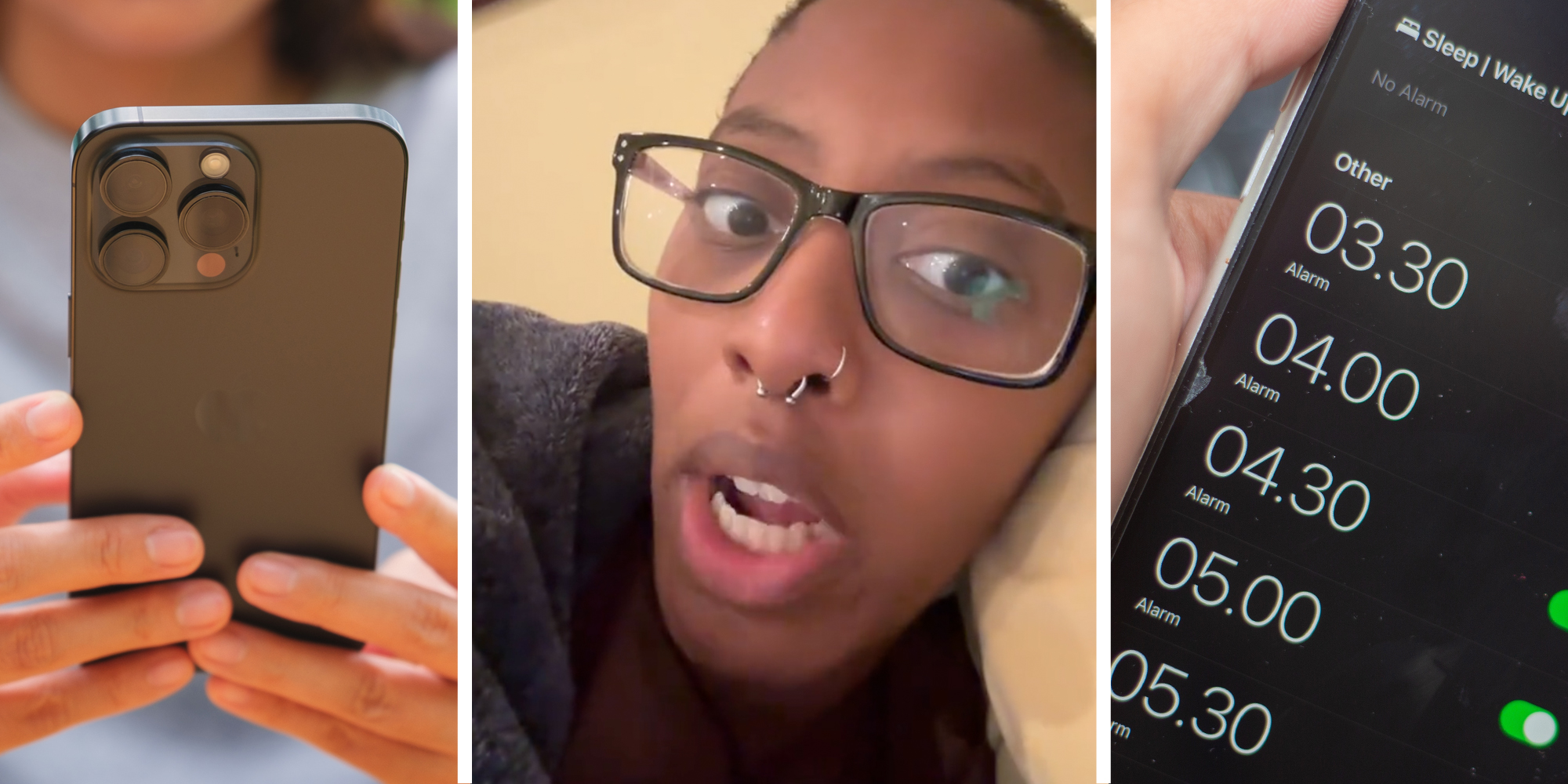 Hands holding iphone(l), Woman talking(c), Phone with alarm times(r)