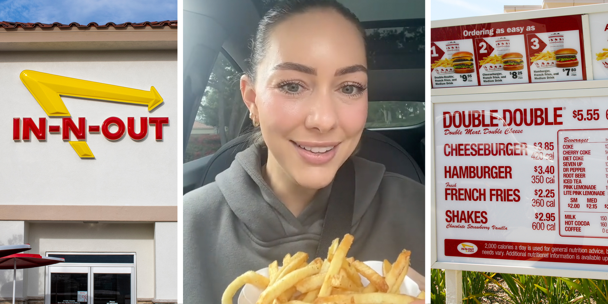 In-n-out(l), Man talking(c), In-n-out menu(r)