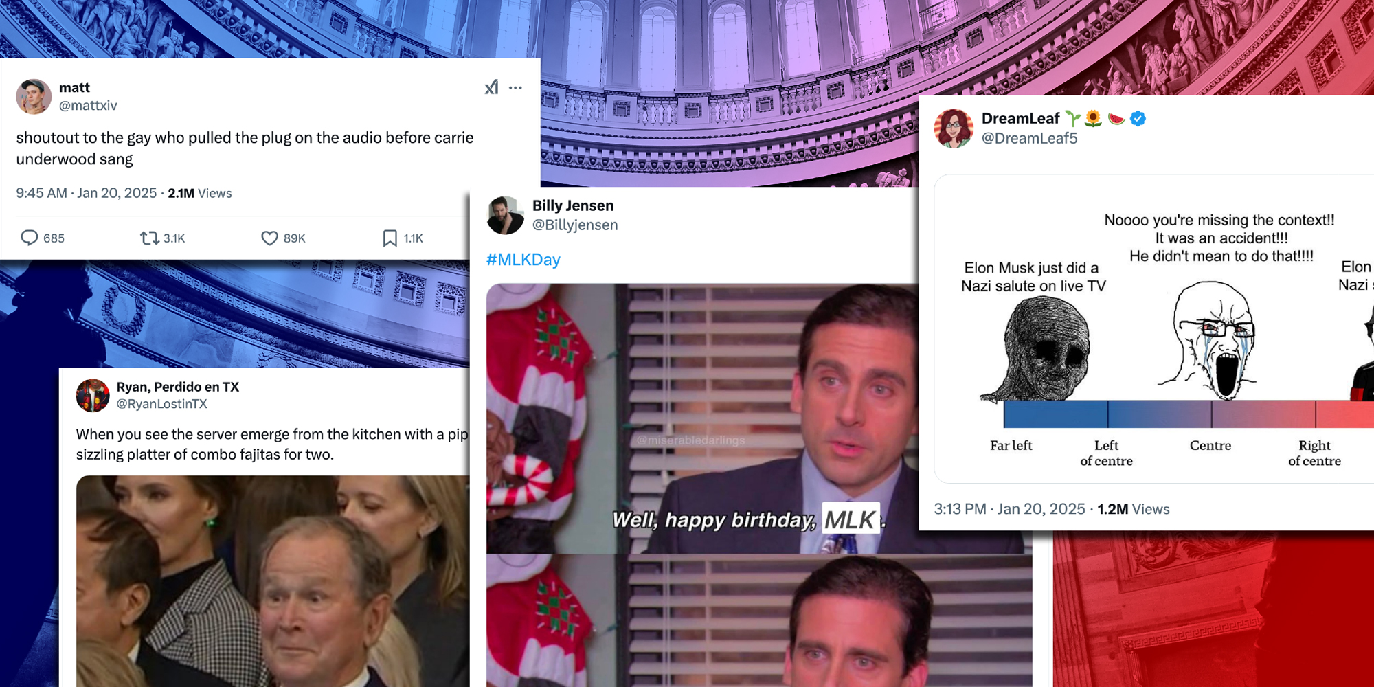 screengrabs of various tweets about President Trump's 2nd inauguration are photoshopped onto the background of the US Capitol rotunda.