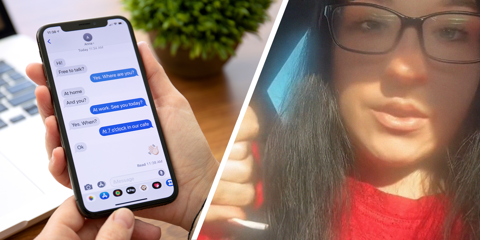 Woman text messages(l) Woman sharing how to find messages on iphone(r)