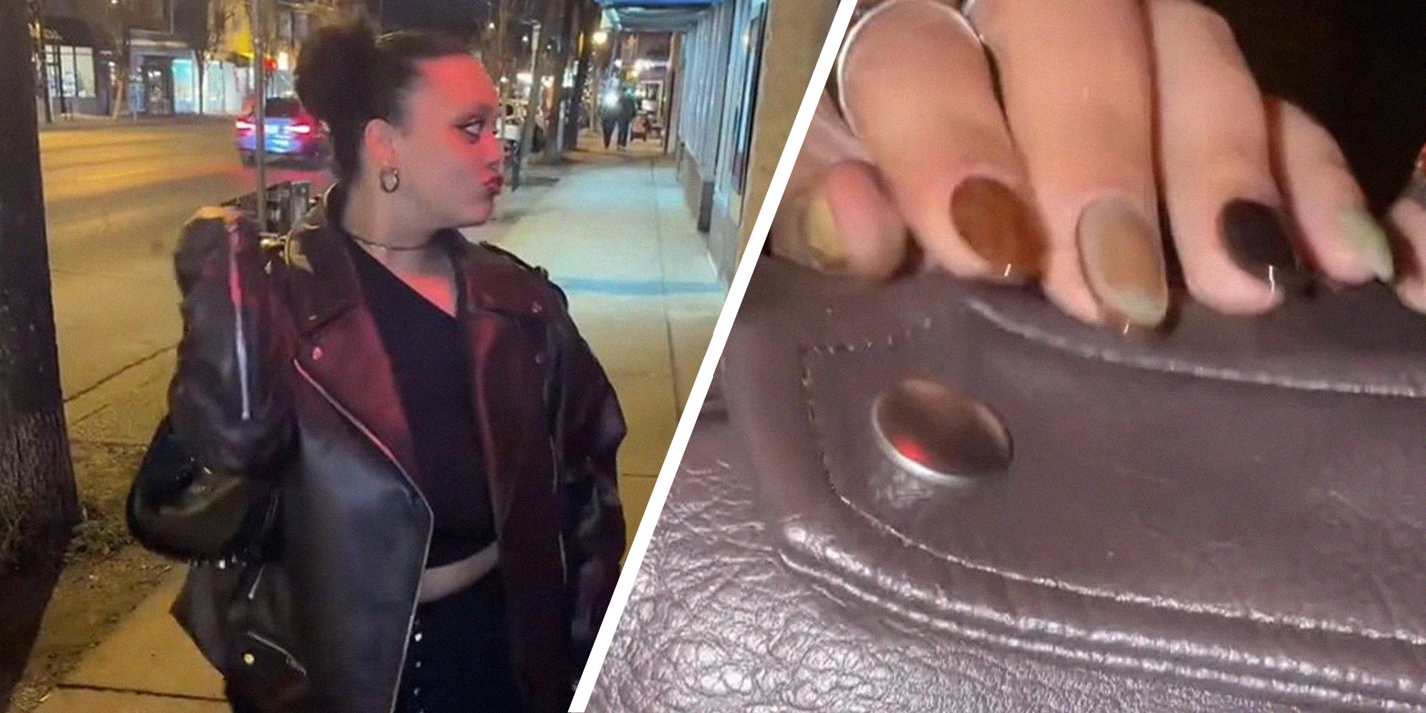 woman posing outside during a night out(l) Fingers near jacket shoulder button(r)