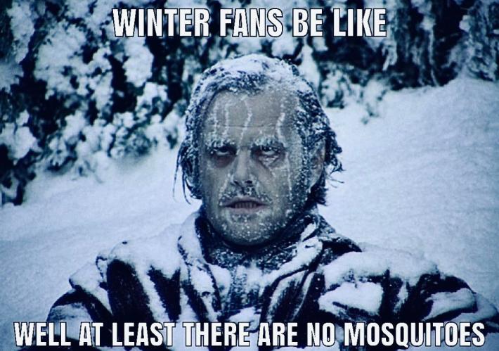 January meme, text reads, "Winter fans be like, well at least there are no mosquitoes." with a photo of a frozen man.