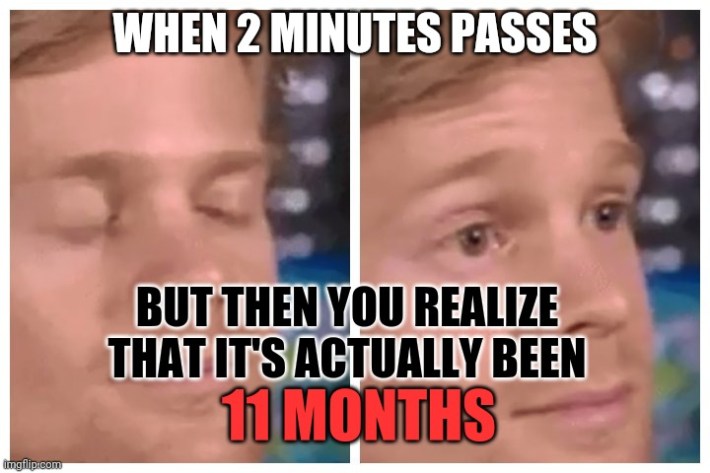 January meme, text reads, "When 2 minutes passes but then you realize that it's actually been 11 months."