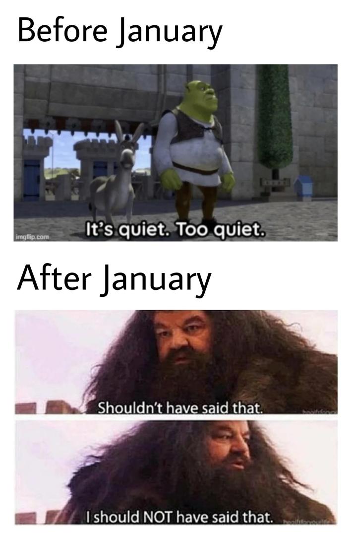 January meme, text reads, "Before January/After January" with photos from Shrek in DuLac and Hagrid saying, "Shouldn't have said that."