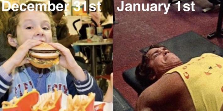 January meme, text reads, "December 31st/January 1st" with a kid eating a giant burger and a man lifting weights at the gym.