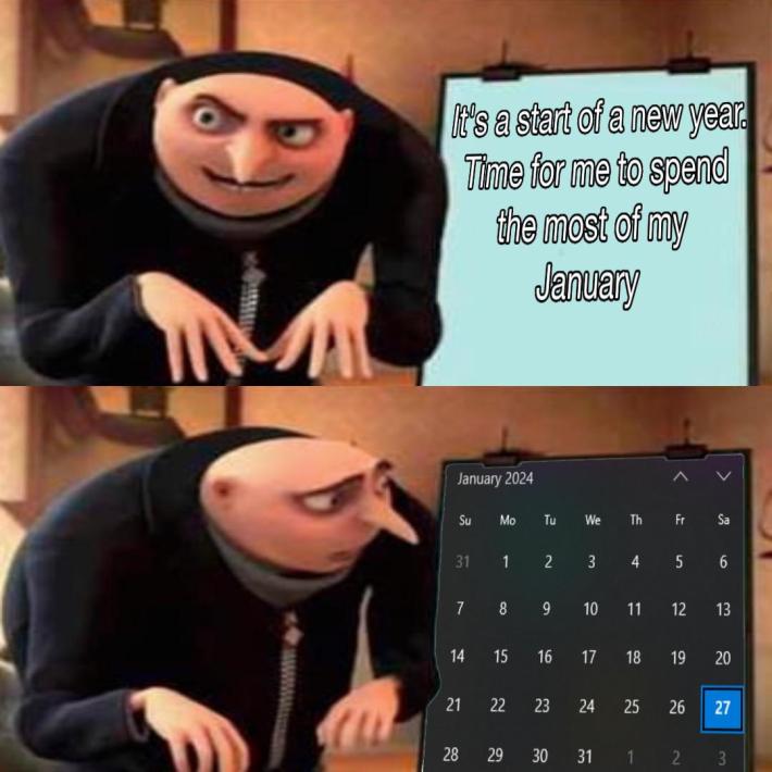 January meme of Gru plotting, text reads, "It's a start of a new year. Time for me to spend the most of my January." When he looks, it's near the end of the month.