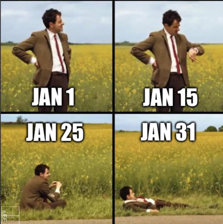 January meme of Mr. Bean waiting impatiently, text reads, "Jan 1, Jan 15, Jan 25, Jan 31"