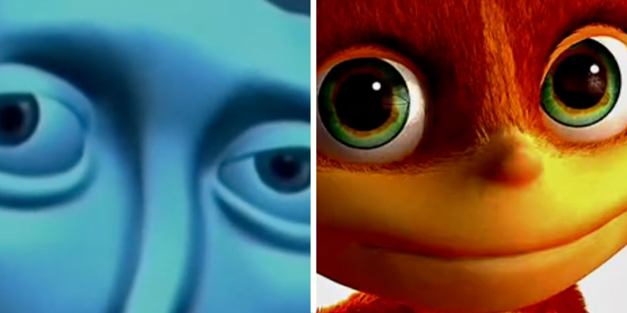 Two panel design with a close up of a figure who is blue, next to an image of a close up of a character that is orange