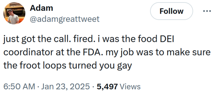 Tweet reading "just got the call. fired. i was the food DEI coordinator at the FDA. my job was to make sure the froot loops turned you gay."