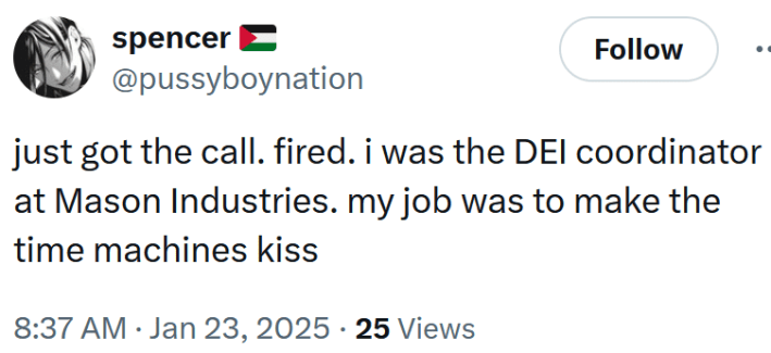 Tweet reading "just got the call. fired. i was the DEI coordinator at Mason Industries. my job was to make the time machines kiss."