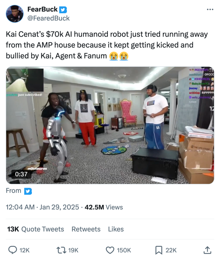 Reaction to Kai Cenat kicking a $70K robot on stream, text reads, "Kai Cenat’s $70k AI humanoid robot just tried running away from the AMP house because it kept getting kicked and bullied by Kai, Agent & Fanum (sob emojis)"