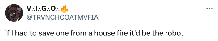 Reaction to Kai Cenat kicking a $70K robot on stream, text reads, "if I had to save one from a house fire it'd be the robot"