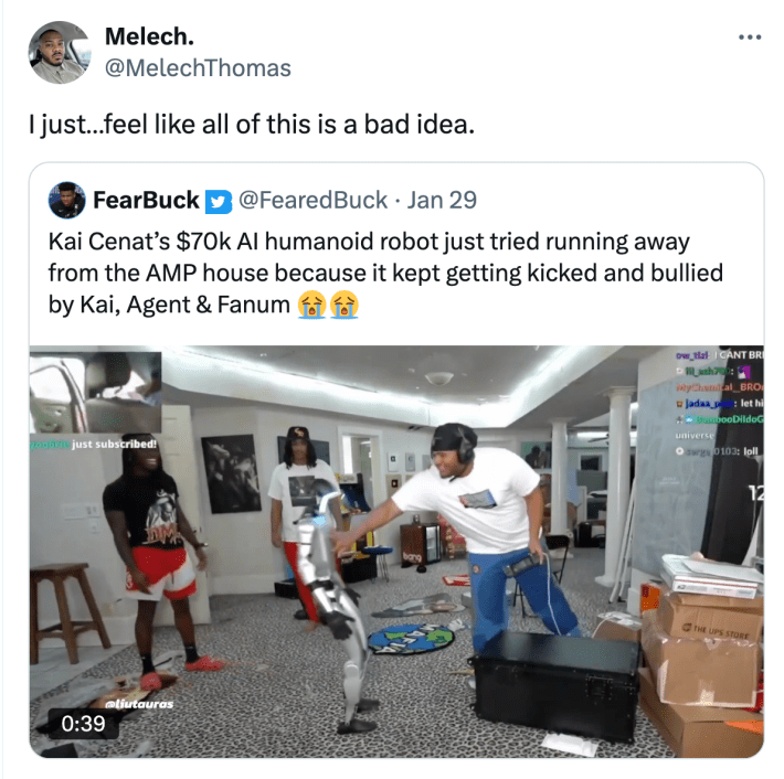 Reaction to Kai Cenat kicking a $70K robot on stream, text reads, "I just…feel like all of this is a bad idea."