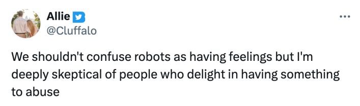 Reaction to Kai Cenat kicking a $70K robot on stream, text reads, "We shouldn't confuse robots as having feelings but I'm deeply skeptical of people who delight in having something to abuse"