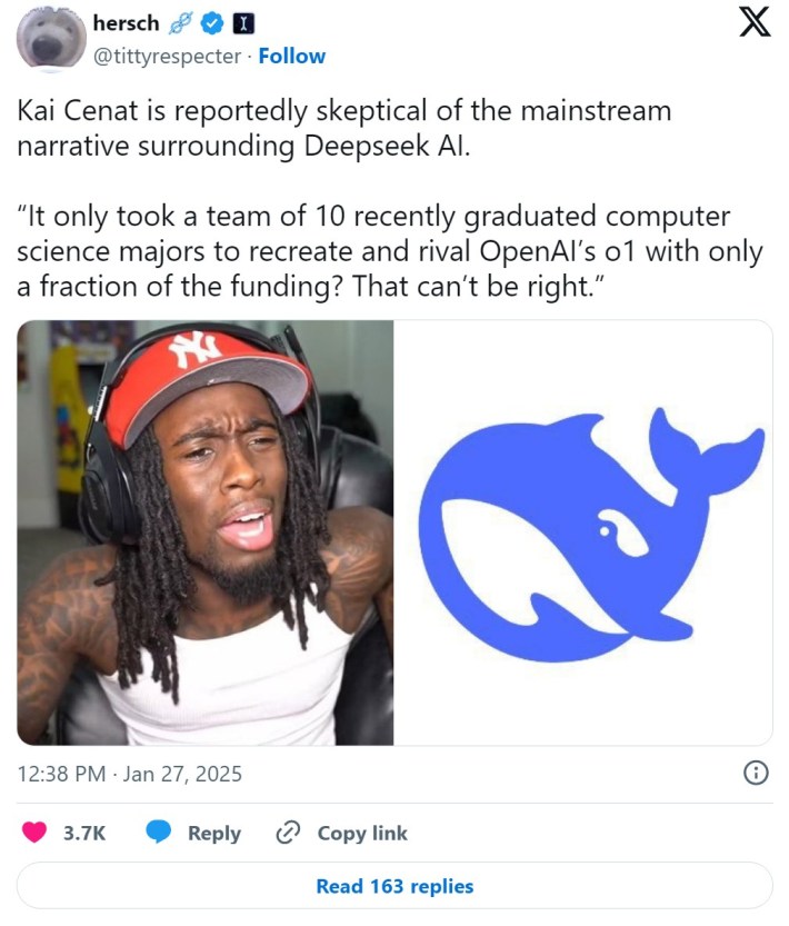 kai cenat reportedly skeptical deepseek ai