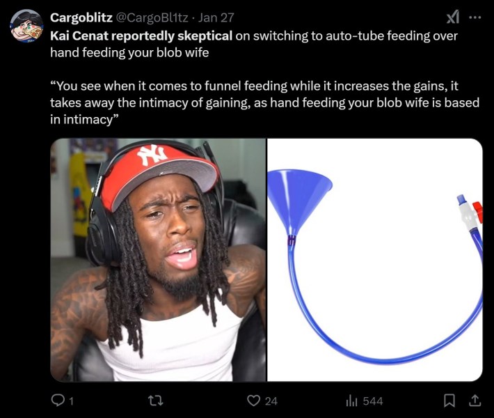 Kai Cenat reportedly skeptical on switching to auto-tube feeding over hand feeding your blob wife