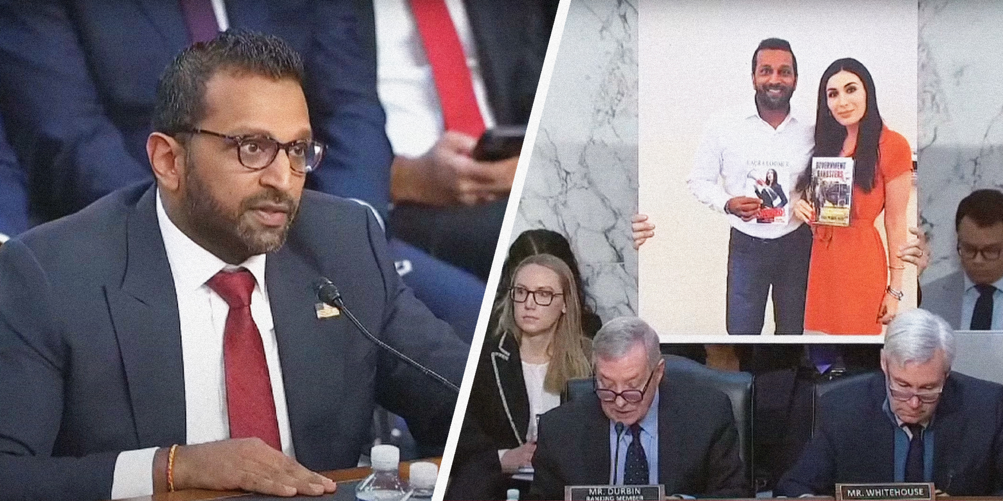 2 panel image of the confirmation hearing for Kash Patel. On the left is Mr. Patel and on the right are senators holding a poster of Mr. Patel next to Laura Loomer.