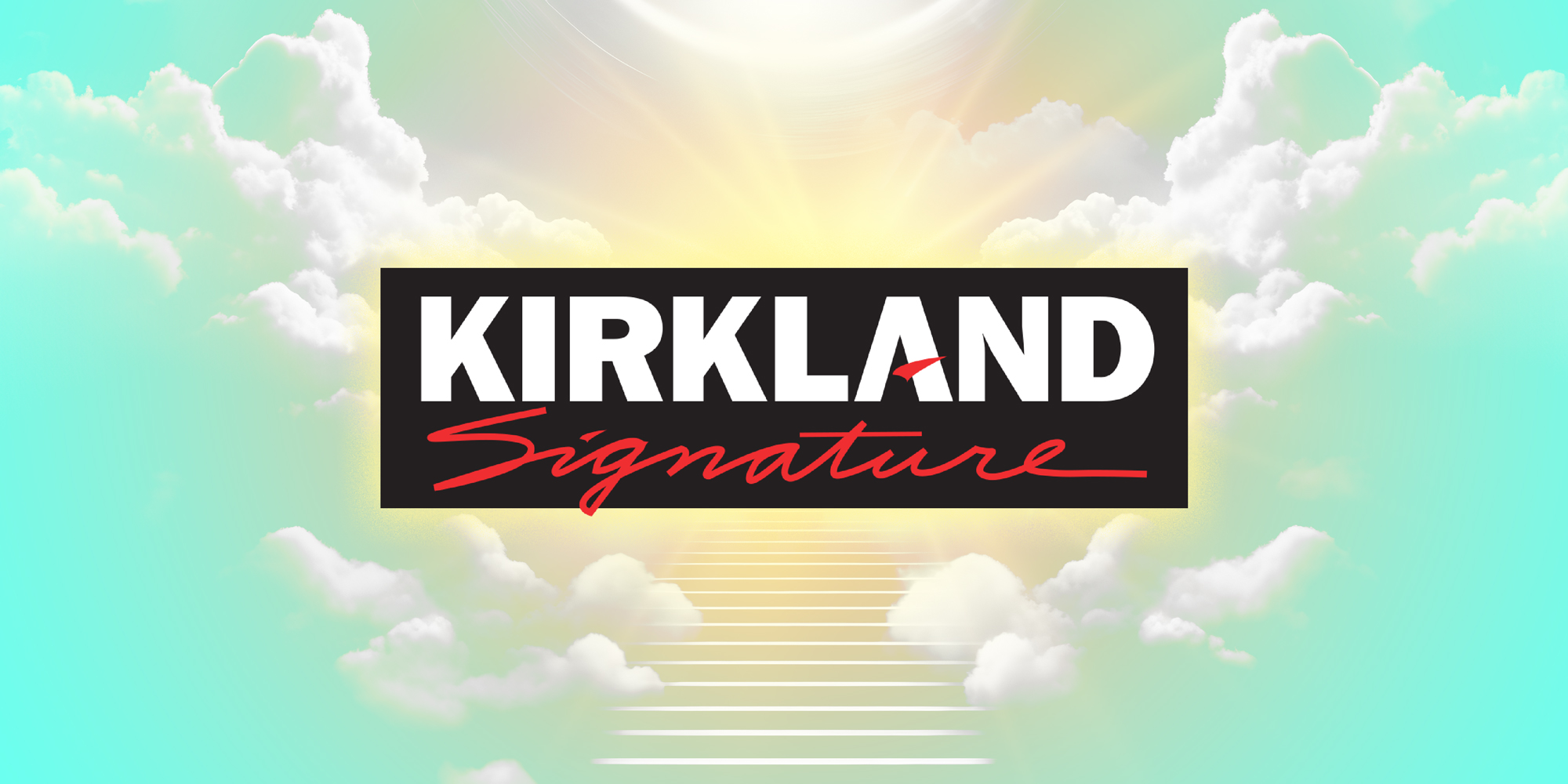 Photo collage image of the Kirkland Signature logo glowing in from of a heavenly background.