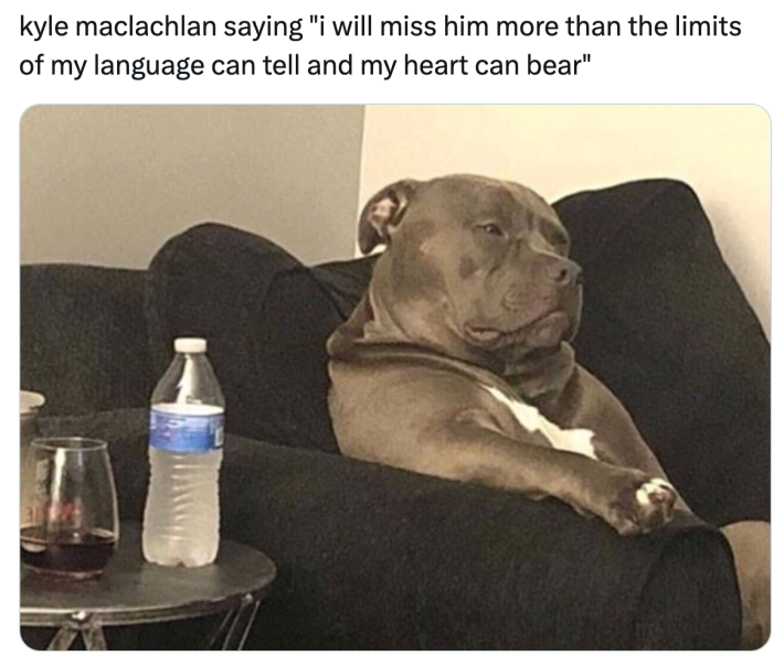 Post reacting to Kyle MacLachlan's tribute to David Lynch. Text reads, "kyle maclachlan saying 'i will miss him more than the limits of my language can tell and my heart can bear'"