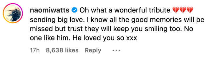 Comment from Nami Watts reacting to Kyle MacLachlan's tribute to David Lynch. Text reads, "Oh what a wonderful tribute (broken hearts emojis) sending big love. I know all the good memories will be missed but trust they will keep you smiling too. No one like him. He loved you so xxx"