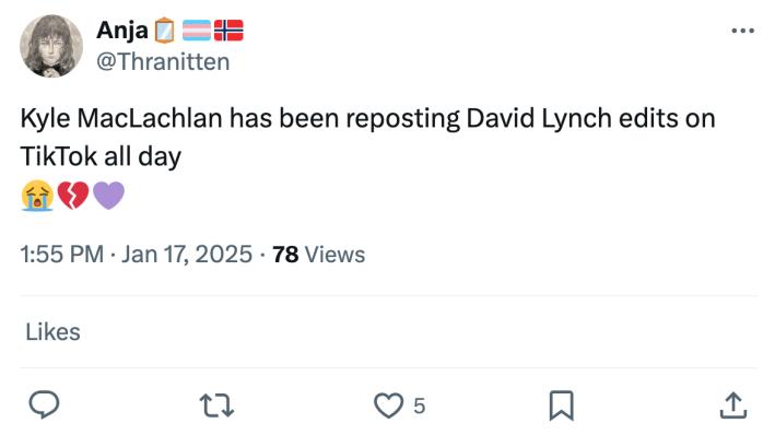 Post reacting to Kyle MacLachlan's tribute to David Lynch. Text reads, "Kyle MacLachlan has been reposting David Lynch edits on TikTok all day (sobbing and heart broken emojis)"