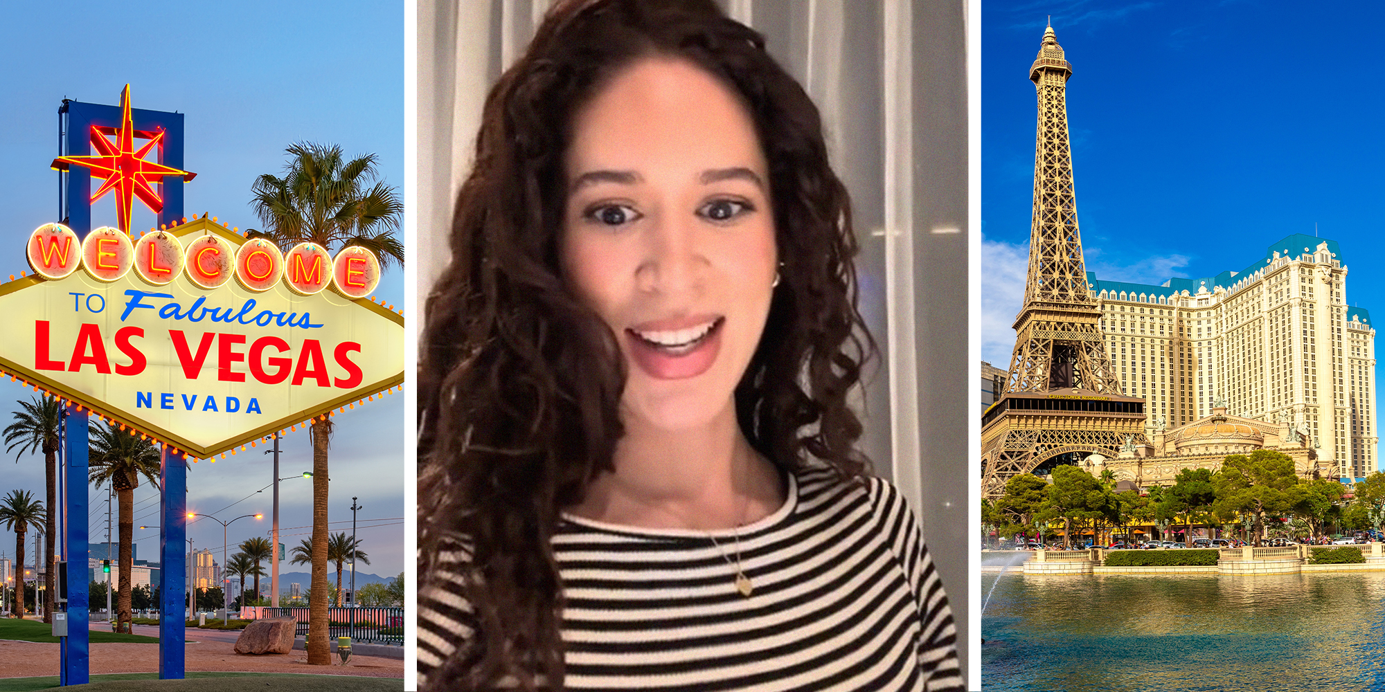 Las Vegas Sign(l) Woman shares her experience at the Bellagio(c) Daylight view of the Bellagio and Eiffel Tower(r)