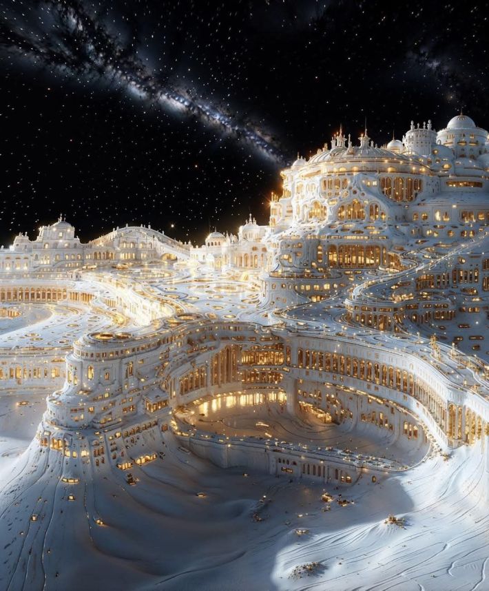AI-generated image of a palatial structure wind-carved into white stone. All lights are golden inside. The "Milky Way" is visible in the starry sky.