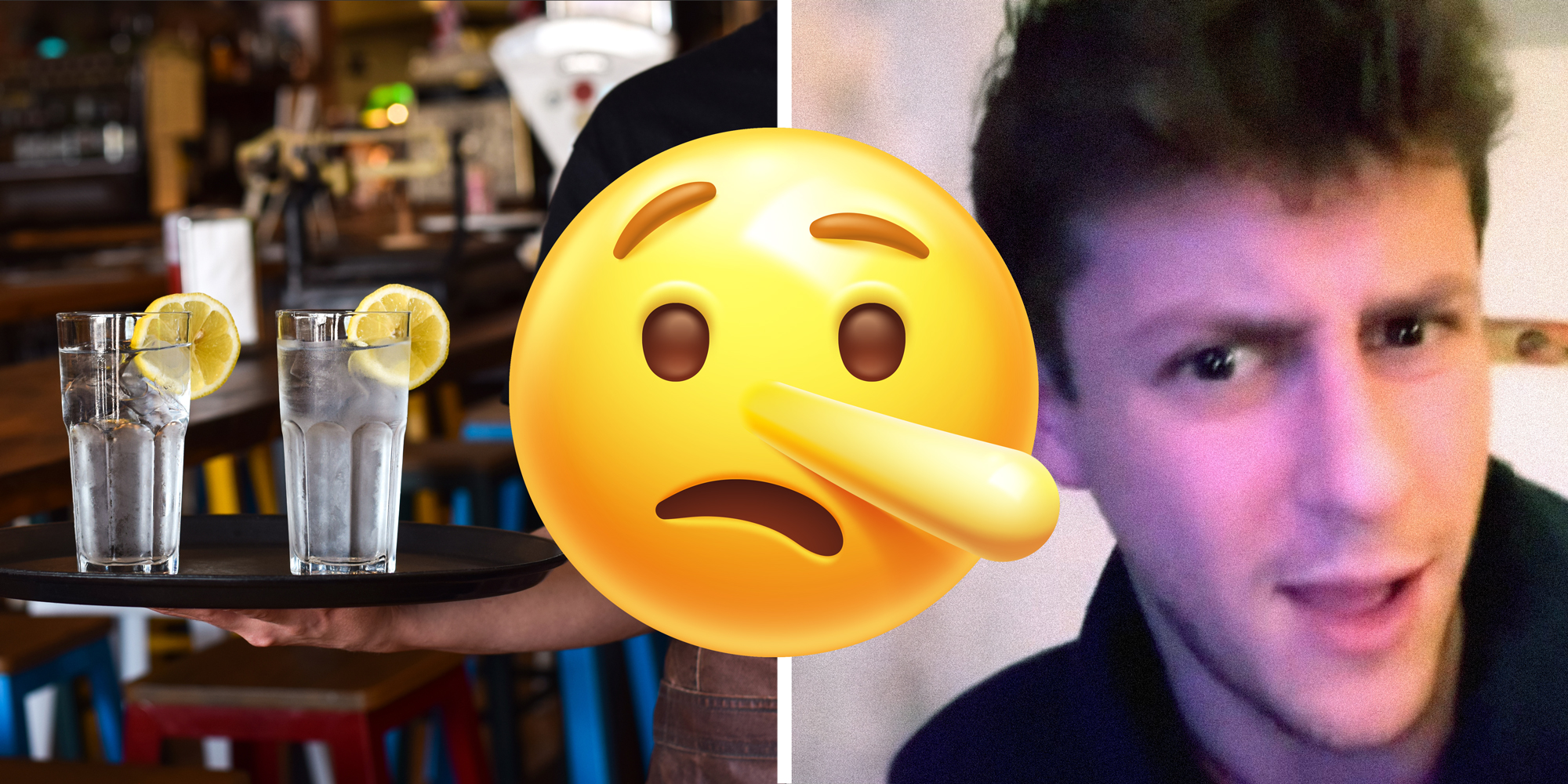 2 panel image. On the left a server is holding a tray, on the right a person explains. In front of both there is a lying emoji.