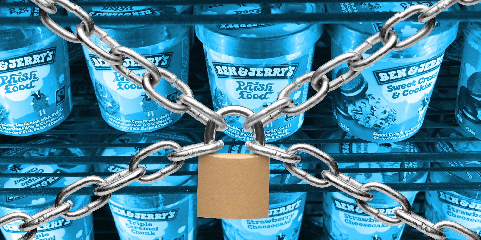 Photo collage showing a chain and lock over a freezer shelf of Ben & Jerry's ice cream containers.