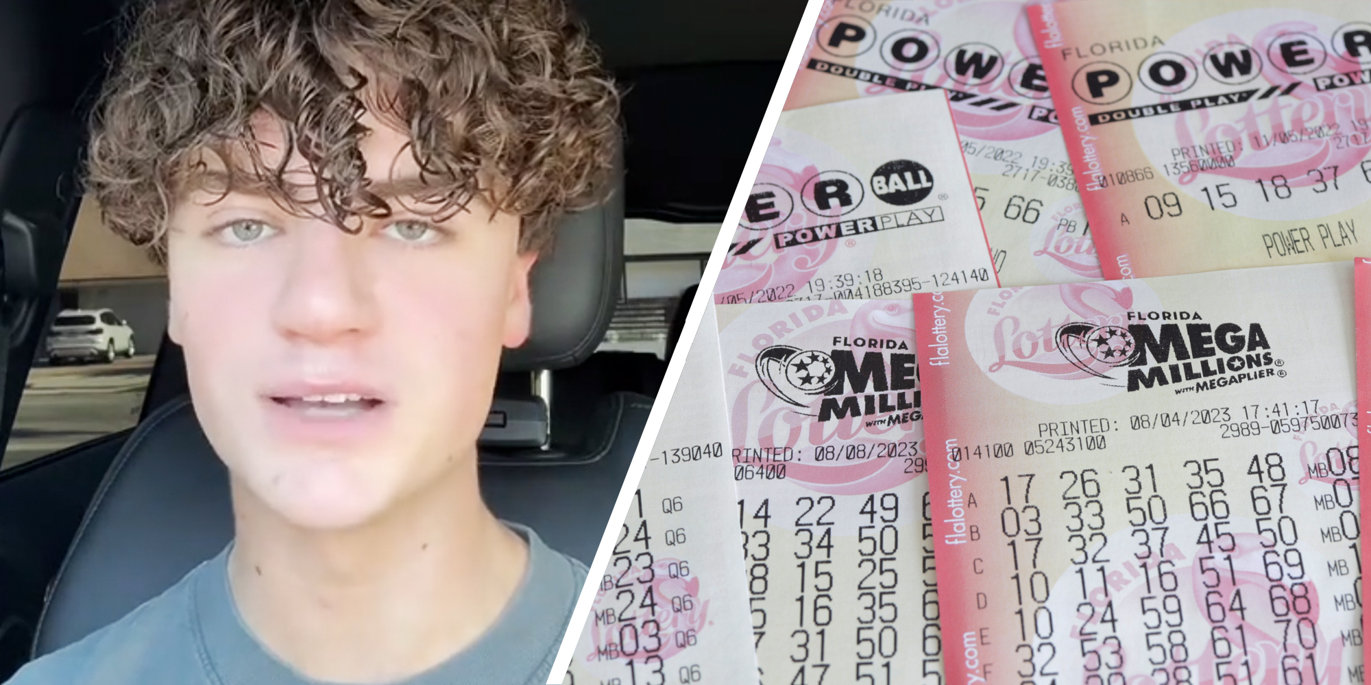 Man talking(l), Lottery tickets(r)
