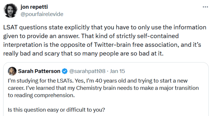 Quote tweet reading "LSAT questions state explicitly that you have to only use the information given to provide an answer. That kind of strictly self-contained interpretation is the opposite of Twitter-brain free association, and it’s really bad and scary that so many people are so bad at it."