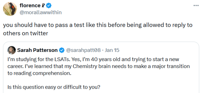 Quote tweet reading "you should have to pass a test like this before being allowed to reply to others on twitter."
