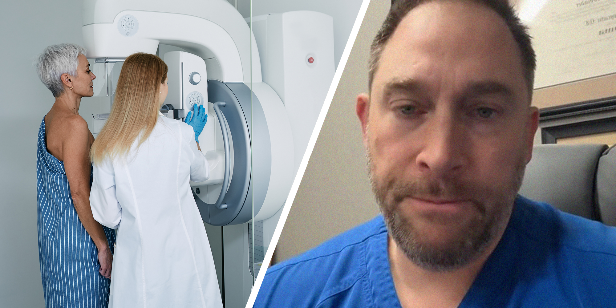 Mammogram procedure in medical clinic(l) Expert shares theory on mammograms(r)