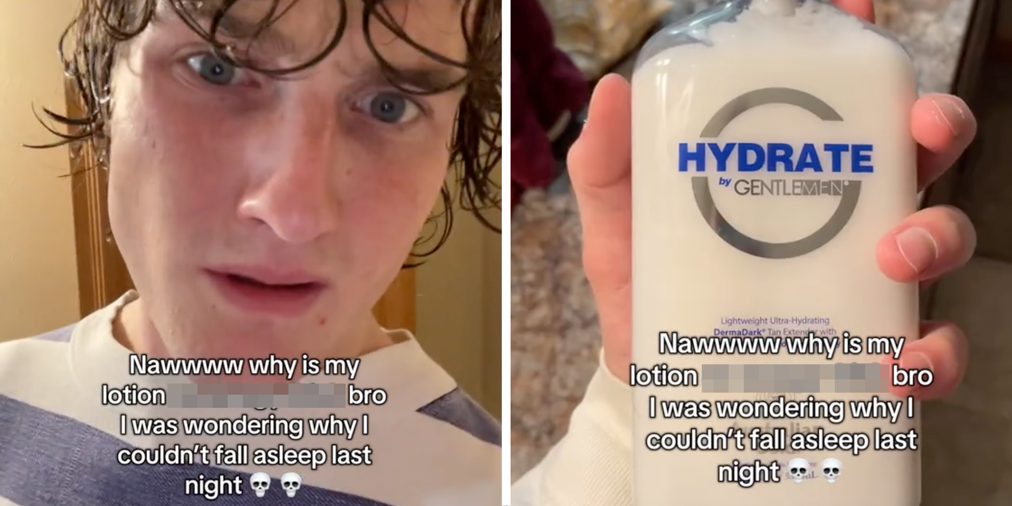 Man talking(l), hand holding lotion(r)