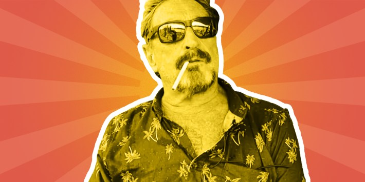 photo collage of John McAfee glowing with a resurrection light.