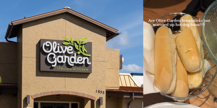 An Olive Garden location next to breadsticks.