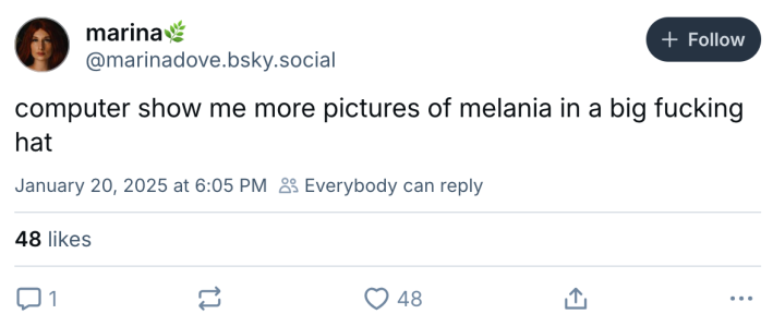 Melania hat meme, text reads, "computer show me more pictures of melania in a big f*cking hat"