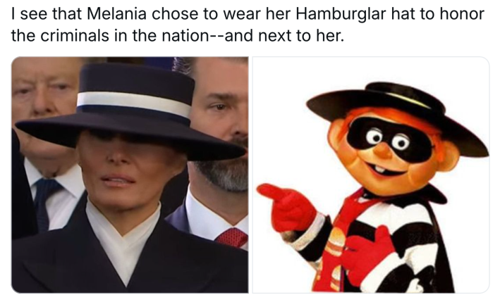 Melania hat meme, text reads, "I see that Melania chose to wear her Hamburglar hat to honor the criminals in the nation--and next to her." With a photo of her next to the Hamburgler.