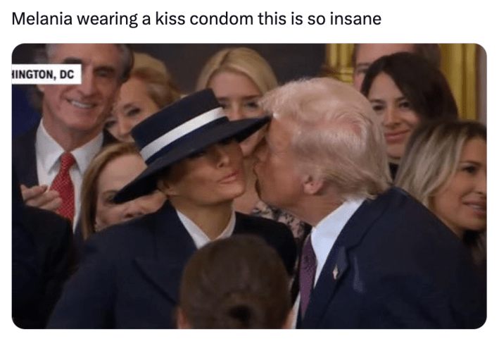 Melania hat meme, text reads, "Melania wearing a kiss condom this is so insane"