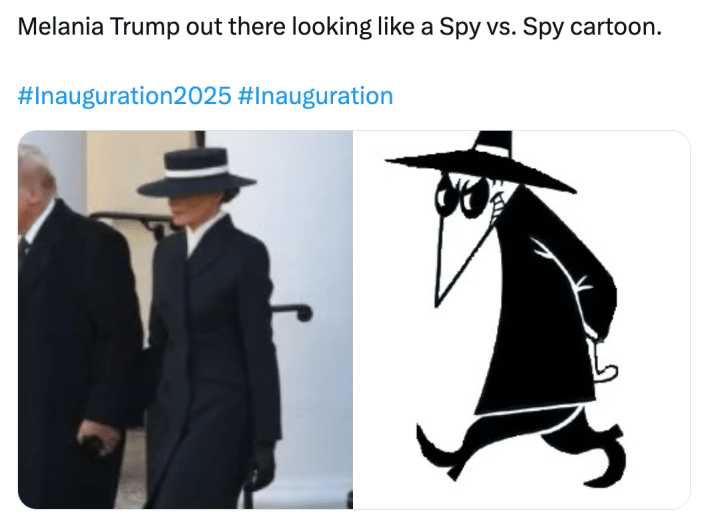 Melania hat meme, text reads, "Melania Trump out there looking like a Spy vs. Spy cartoon." with a photo of her on the left and a Spy vs. Spy character on the right.