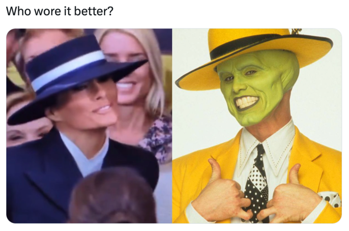 Melania hat meme, text reads, "Who wore it better?" with a photo of Melania on the left and Jim Carrey in The Mask on the right.