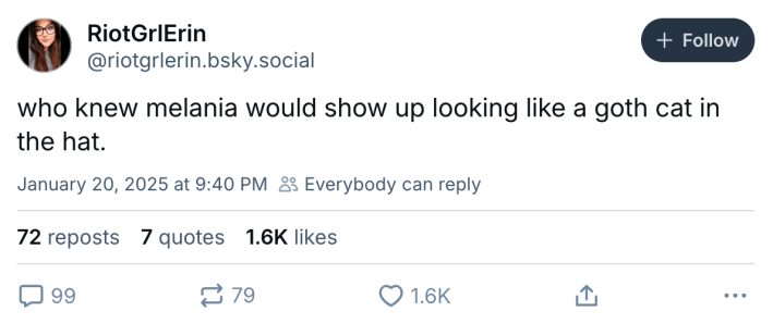 Melania hat meme, text reads, "who knew melania would show up looking like a goth cat in the hat."