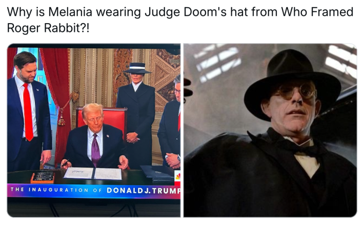 Melania hat meme, text reads, "Why is Melania wearing Judge Doom's hat from Who Framed Roger Rabbit?!" with a photo from the inauguration on a TV screen and a screencap of Judge Doom.