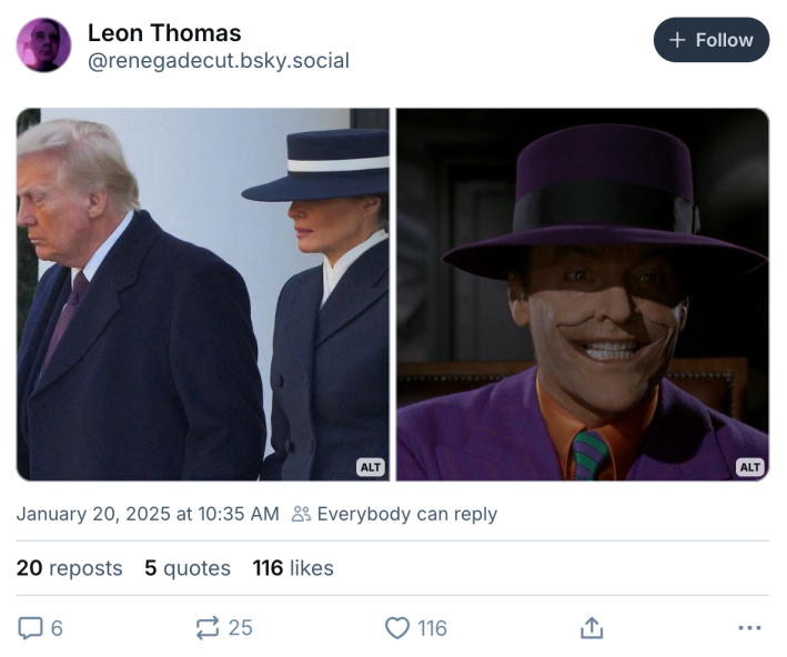 Melania hat meme of her walking behind Trump and a photo of The Joker.