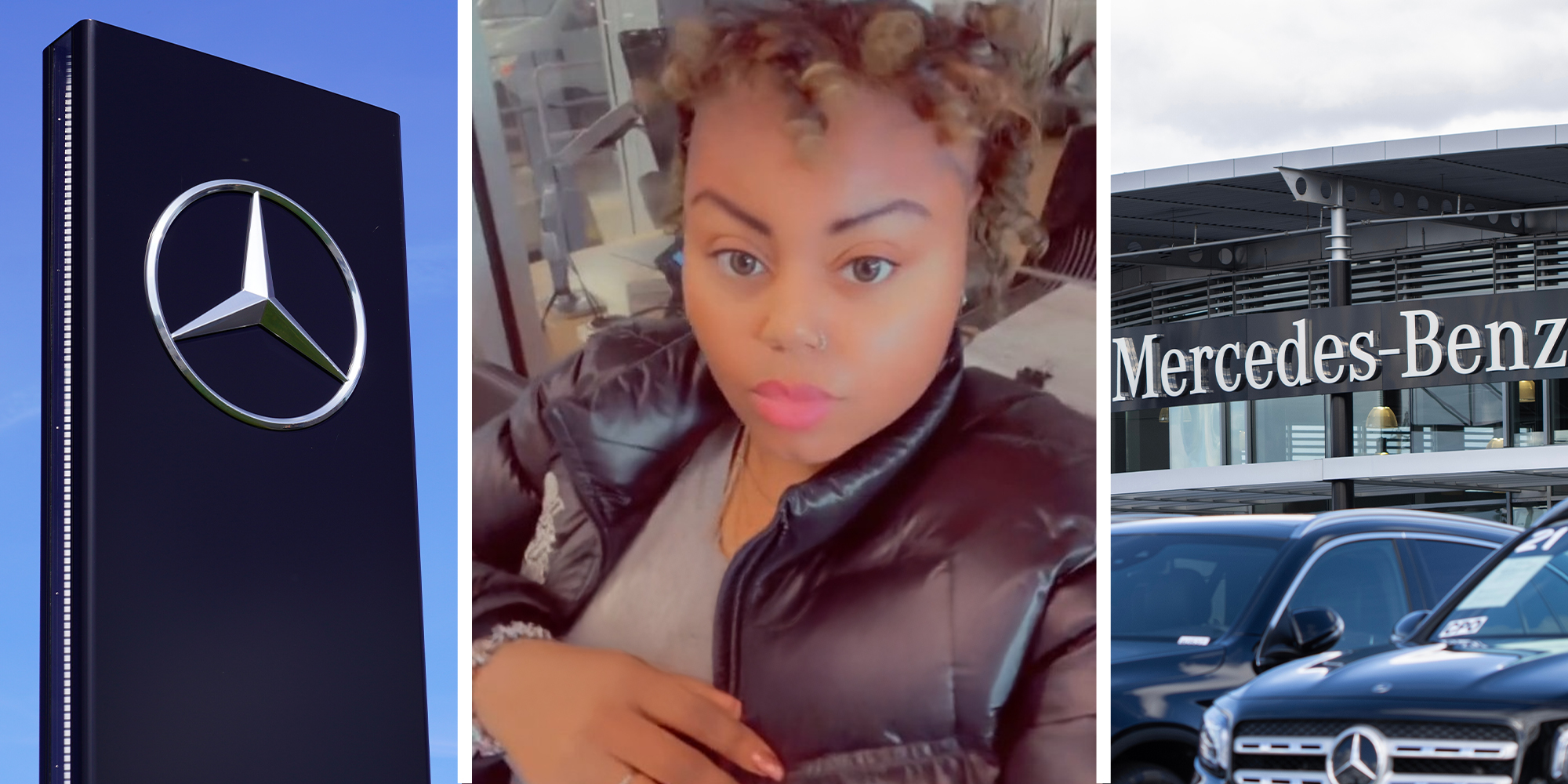 Mercedes benz car dealer sign(l) Woman shares the cost of oil change(c) Mercedes-Benz Car Dealer Lot(r)