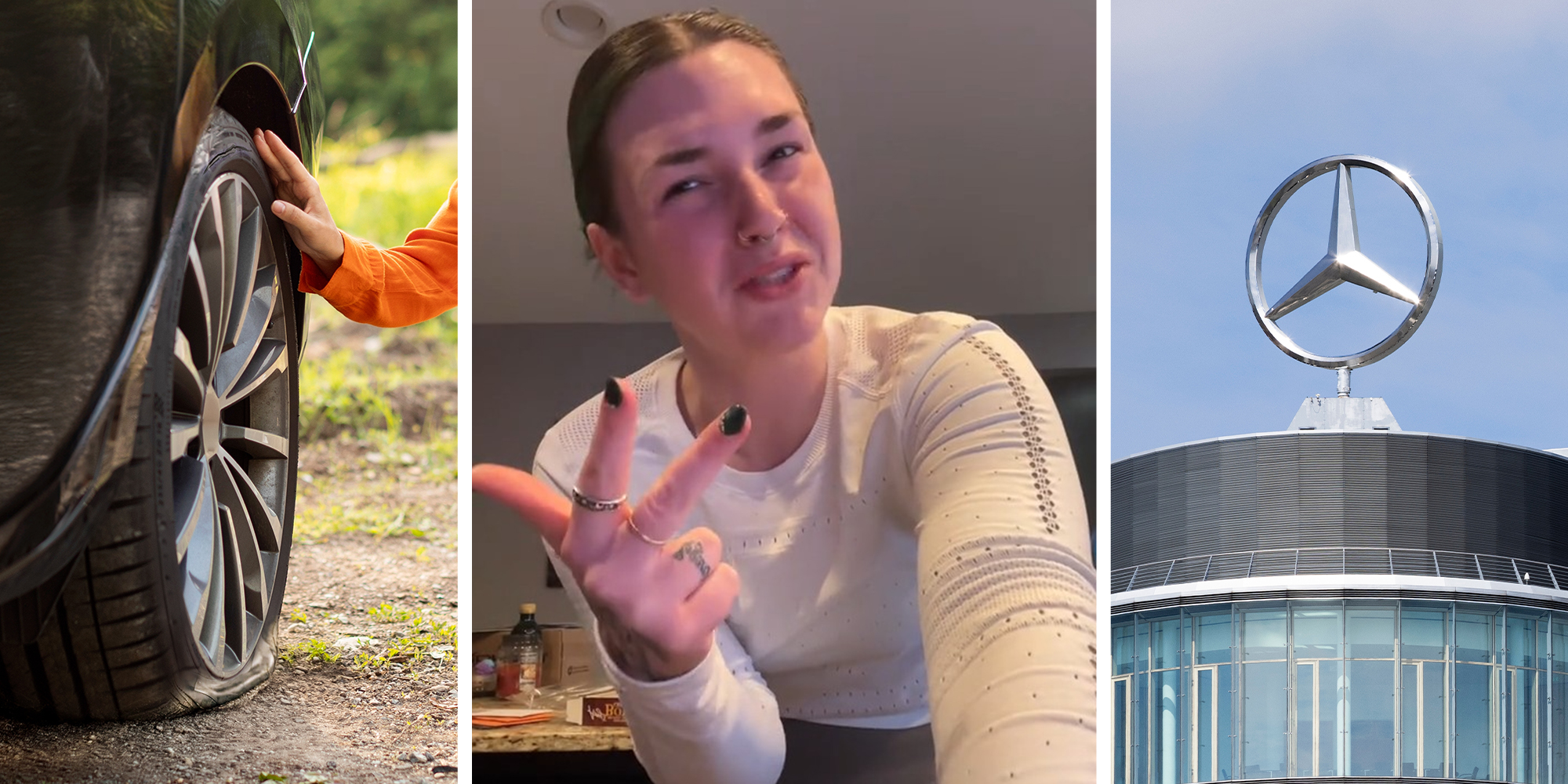 Flat Tire(l) Woman holding up hand gesture with 3 fingers(c) Mercedes Dealer Sign(r)