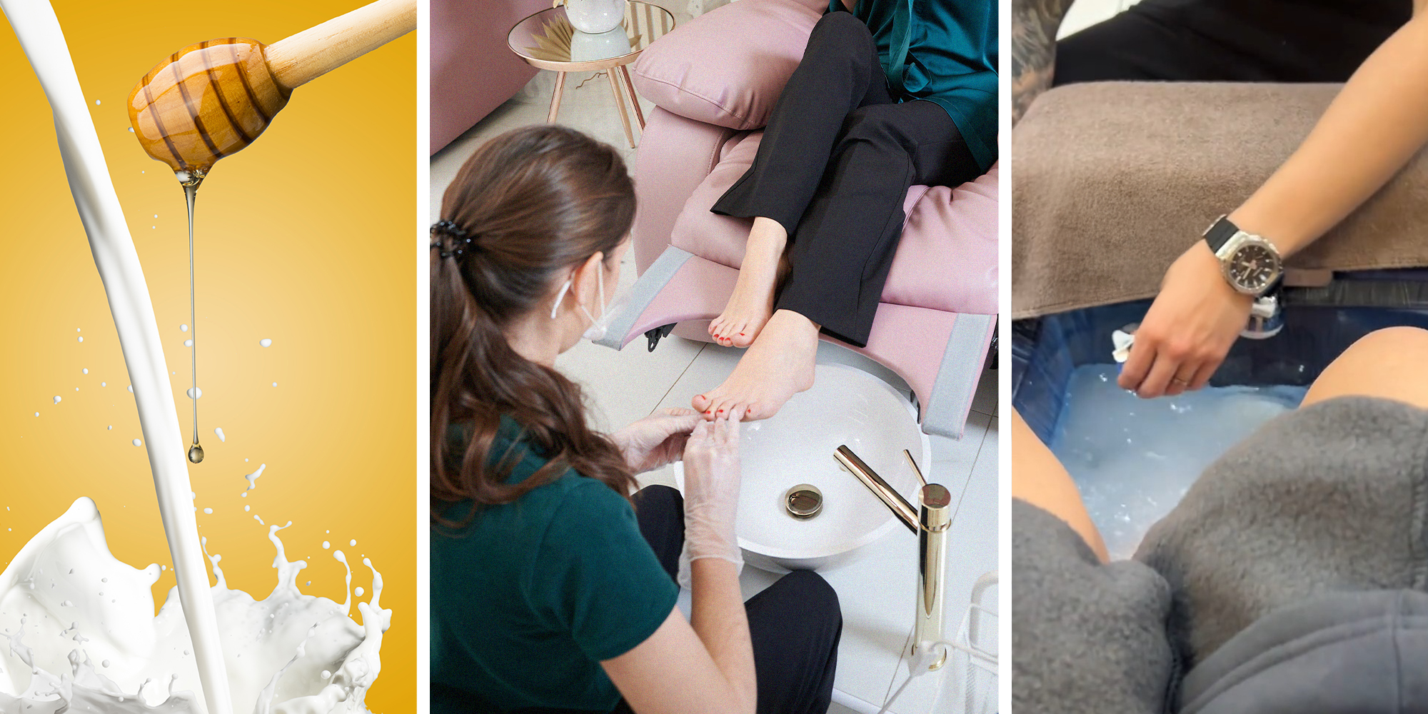 Honey and Milk(l) Woman getting a pedicure(c) Man pouring milk on tub for pedicure(r)