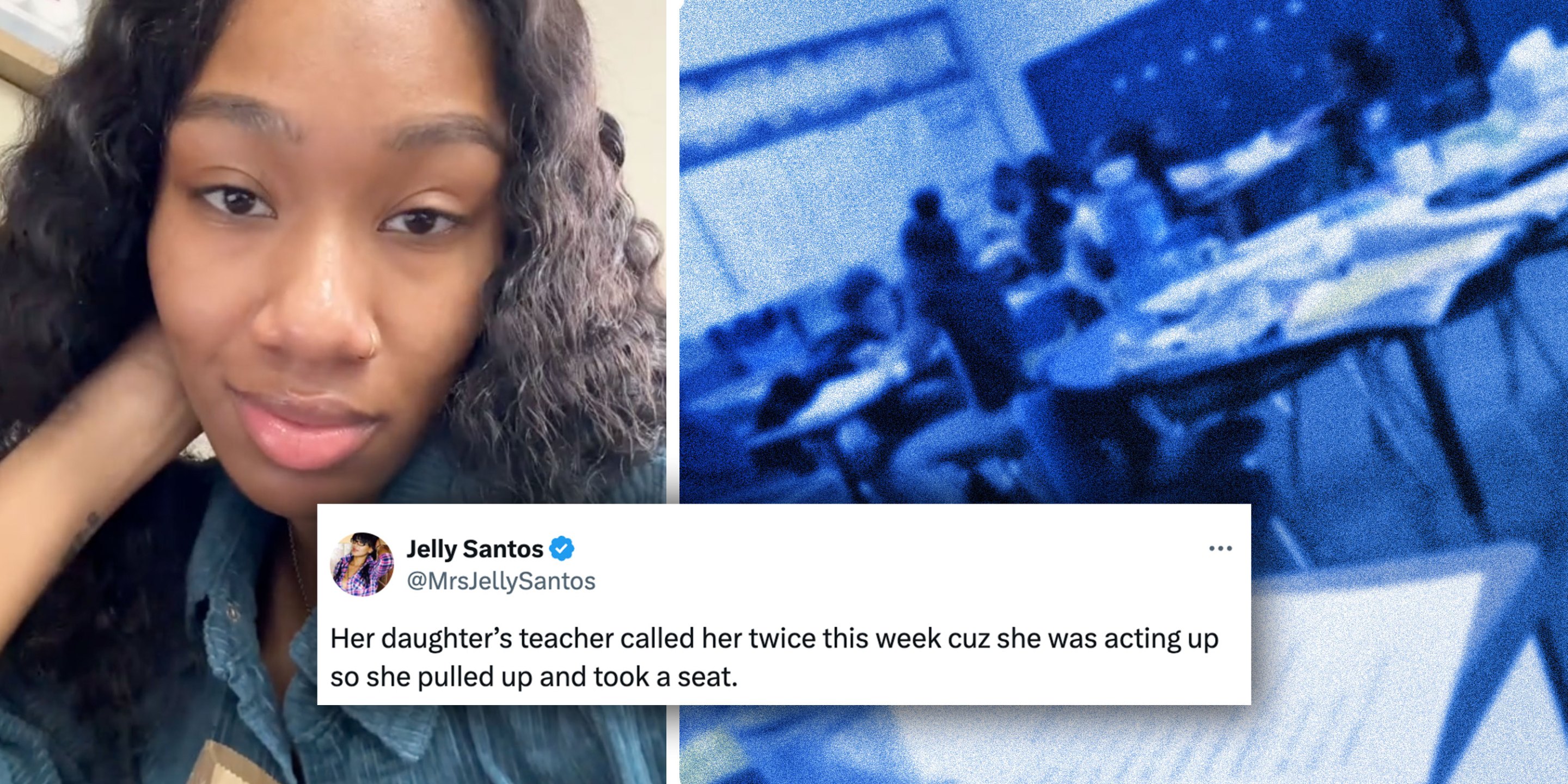 Screenshots from @iambrelle's Tiktok with a tweet from @MrsJellySantos that reads "Her daughter’s teacher called her twice this week cuz she was acting up so she pulled up and took a seat."