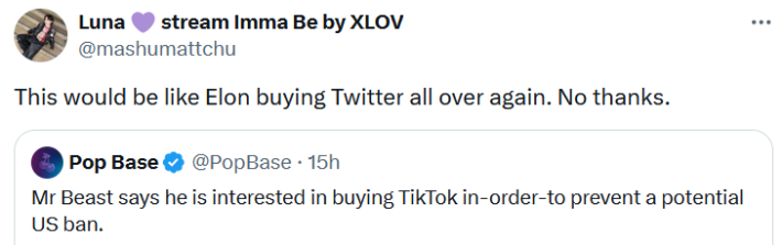 Tweet reading "This would be like Elon buying Twitter all over again. No thanks."